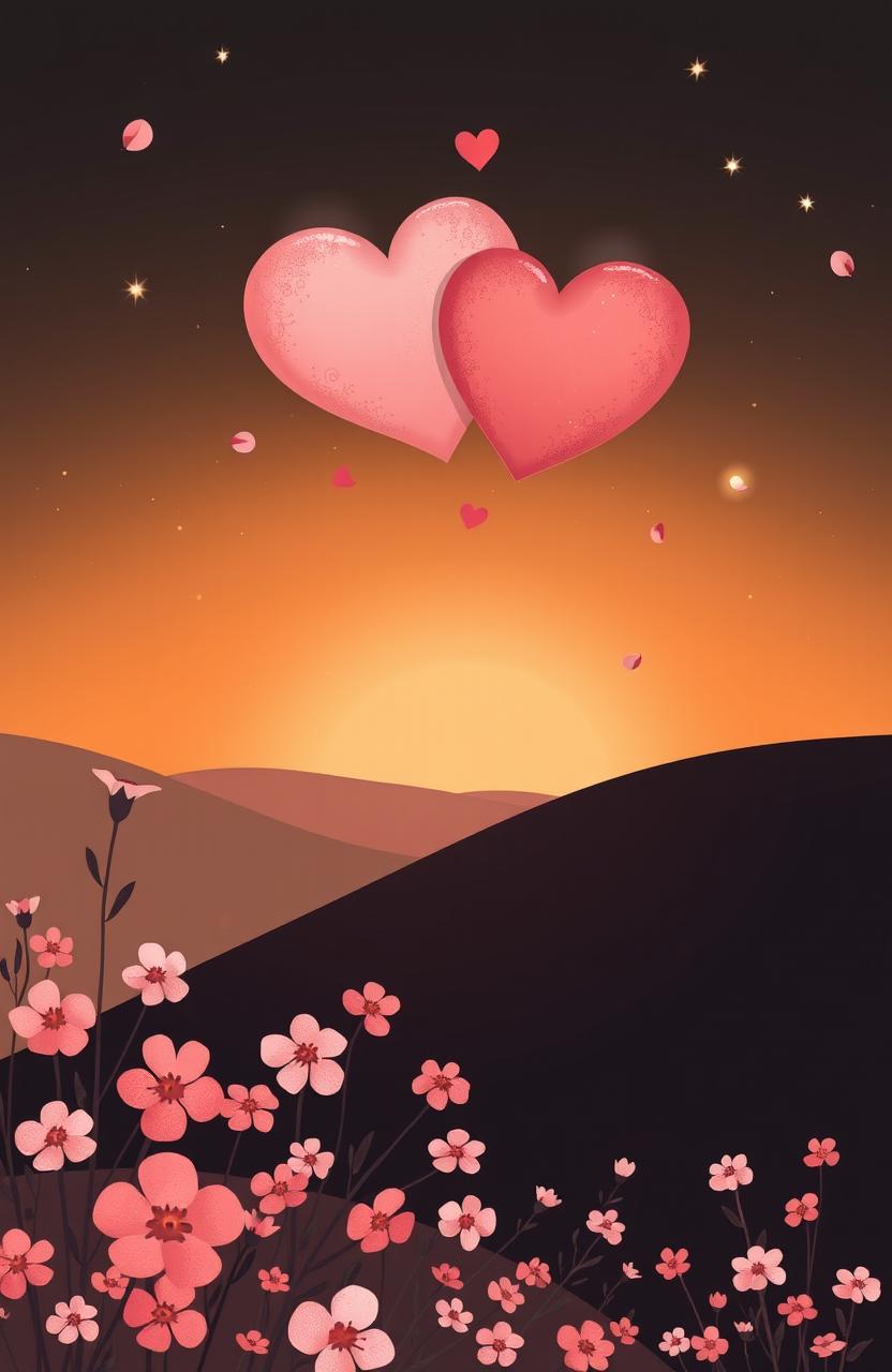 A whimsical and charming illustration representing a cute, romantic love story without any people
