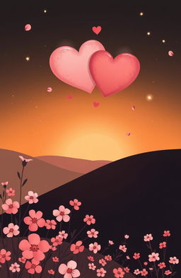 A whimsical and charming illustration representing a cute, romantic love story without any people
