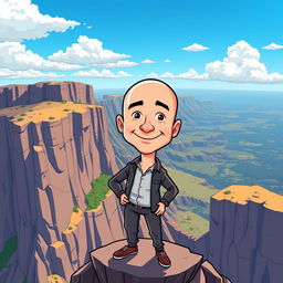 A cartoon illustration of Jeff Bezos standing confidently on a high cliff, overlooking a vast landscape