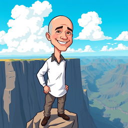 A cartoon illustration of Jeff Bezos standing confidently on a high cliff, overlooking a vast landscape