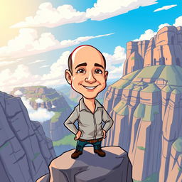A cartoon illustration of Jeff Bezos standing confidently on a high cliff, overlooking a vast landscape