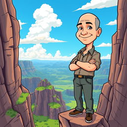 A cartoon illustration of Jeff Bezos standing confidently on a high cliff, overlooking a vast landscape