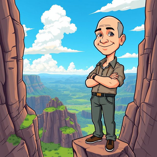 A cartoon illustration of Jeff Bezos standing confidently on a high cliff, overlooking a vast landscape