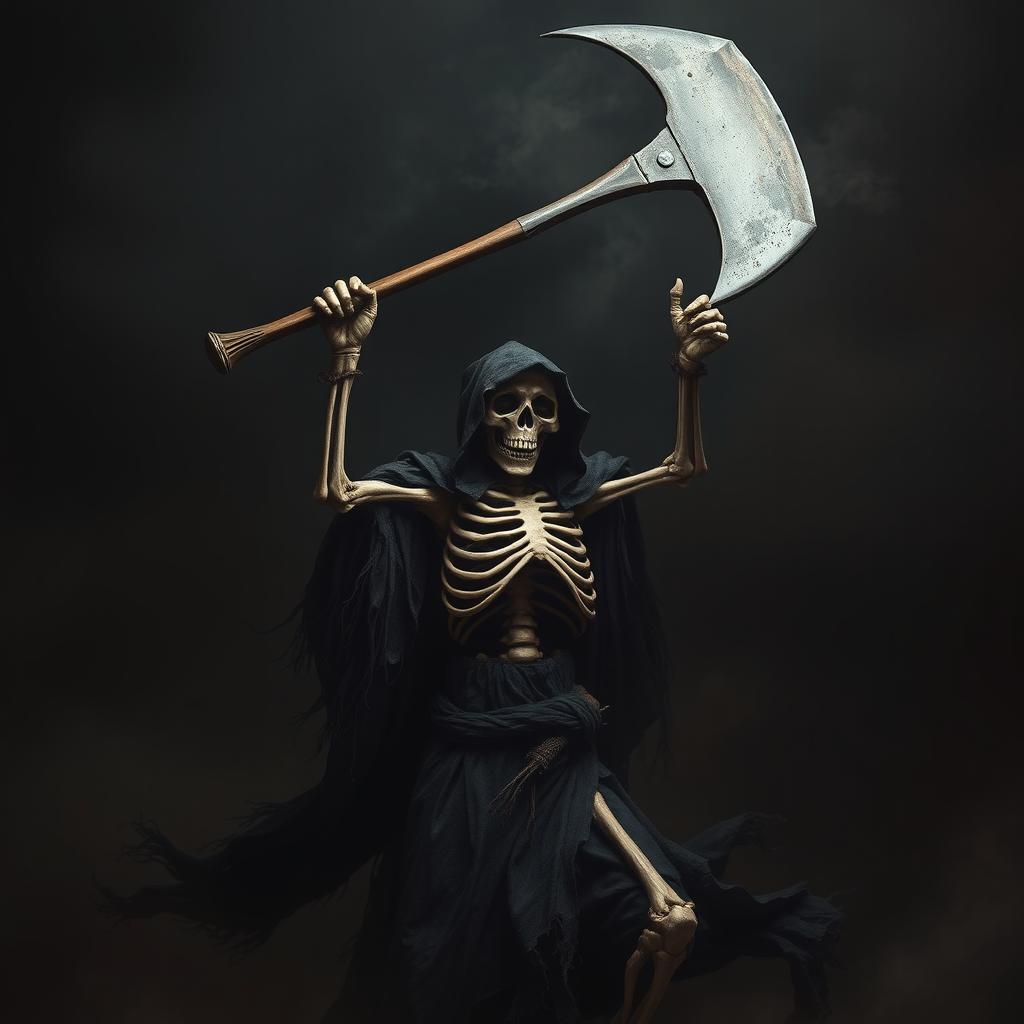 A grim reaper mid-motion, raising a massive, ominous axe high above his head, ready to deliver a decisive strike