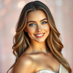 A portrait of a very beautiful woman with long flowing hair, glowing skin, and captivating blue eyes