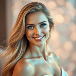 A portrait of a very beautiful woman with long flowing hair, glowing skin, and captivating blue eyes