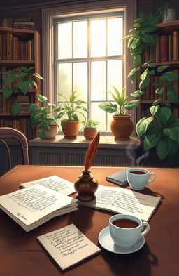 A beautiful, artistic illustration of a serene writing space featuring an antique wooden desk scattered with sheets of poetry and a vintage ink pot with a quill