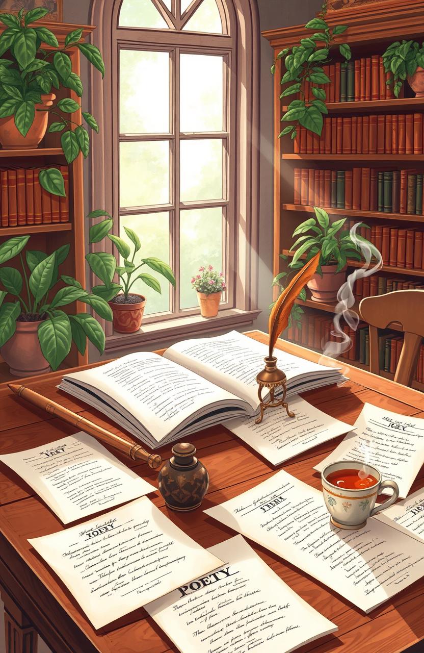 A beautiful, artistic illustration of a serene writing space featuring an antique wooden desk scattered with sheets of poetry and a vintage ink pot with a quill