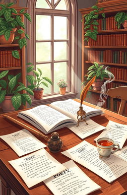 A beautiful, artistic illustration of a serene writing space featuring an antique wooden desk scattered with sheets of poetry and a vintage ink pot with a quill