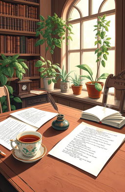 A beautiful, artistic illustration of a serene writing space featuring an antique wooden desk scattered with sheets of poetry and a vintage ink pot with a quill