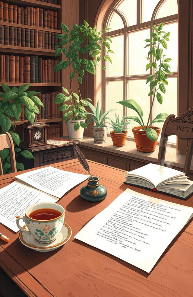 A beautiful, artistic illustration of a serene writing space featuring an antique wooden desk scattered with sheets of poetry and a vintage ink pot with a quill