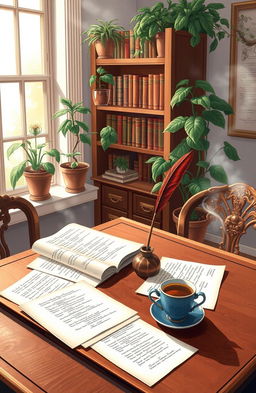A beautiful, artistic illustration of a serene writing space featuring an antique wooden desk scattered with sheets of poetry and a vintage ink pot with a quill
