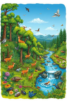 A vibrant and intricate illustration of a diverse ecosystem featuring lush green forests, a flowing river, and various wildlife, including deer, birds, and insects