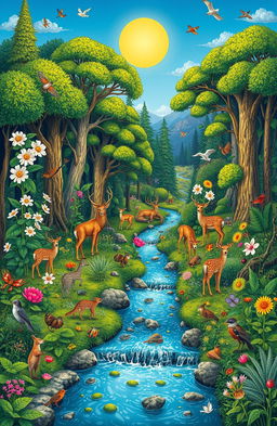 A vibrant and intricate illustration of a diverse ecosystem featuring lush green forests, a flowing river, and various wildlife, including deer, birds, and insects
