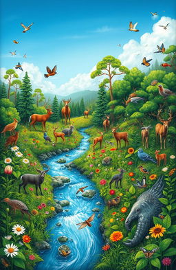 A vibrant and intricate illustration of a diverse ecosystem featuring lush green forests, a flowing river, and various wildlife, including deer, birds, and insects