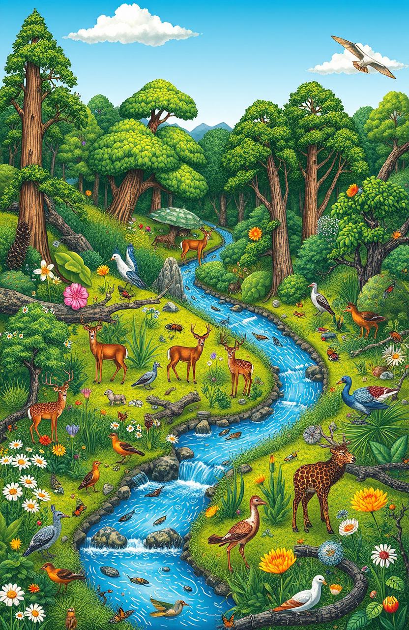 A vibrant and intricate illustration of a diverse ecosystem featuring lush green forests, a flowing river, and various wildlife, including deer, birds, and insects