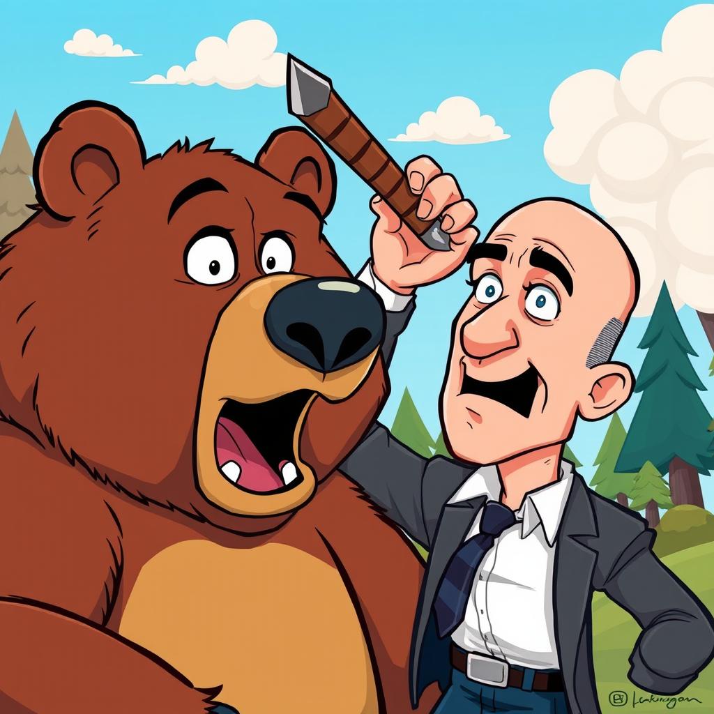 A humorous cartoon depicting Jeff Bezos cartoonishly and bravely stabbing a bear in the head, showcasing exaggerated expressions and vibrant colors