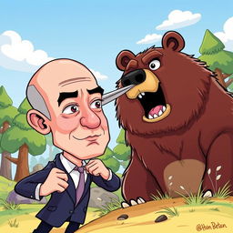 A humorous cartoon depicting Jeff Bezos cartoonishly and bravely stabbing a bear in the head, showcasing exaggerated expressions and vibrant colors