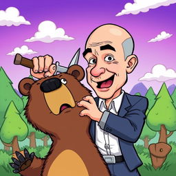 A humorous cartoon depicting Jeff Bezos cartoonishly and bravely stabbing a bear in the head, showcasing exaggerated expressions and vibrant colors