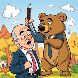 A humorous cartoon depicting Jeff Bezos cartoonishly and bravely stabbing a bear in the head, showcasing exaggerated expressions and vibrant colors