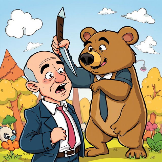 A humorous cartoon depicting Jeff Bezos cartoonishly and bravely stabbing a bear in the head, showcasing exaggerated expressions and vibrant colors