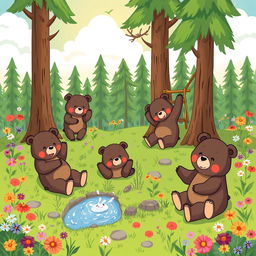 A whimsical scene depicting playful bears frolicking in a lush, green forest, surrounded by tall trees and colorful wildflowers