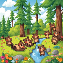A whimsical scene depicting playful bears frolicking in a lush, green forest, surrounded by tall trees and colorful wildflowers