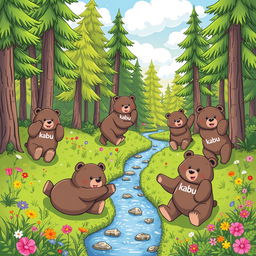 A whimsical scene depicting playful bears frolicking in a lush, green forest, surrounded by tall trees and colorful wildflowers