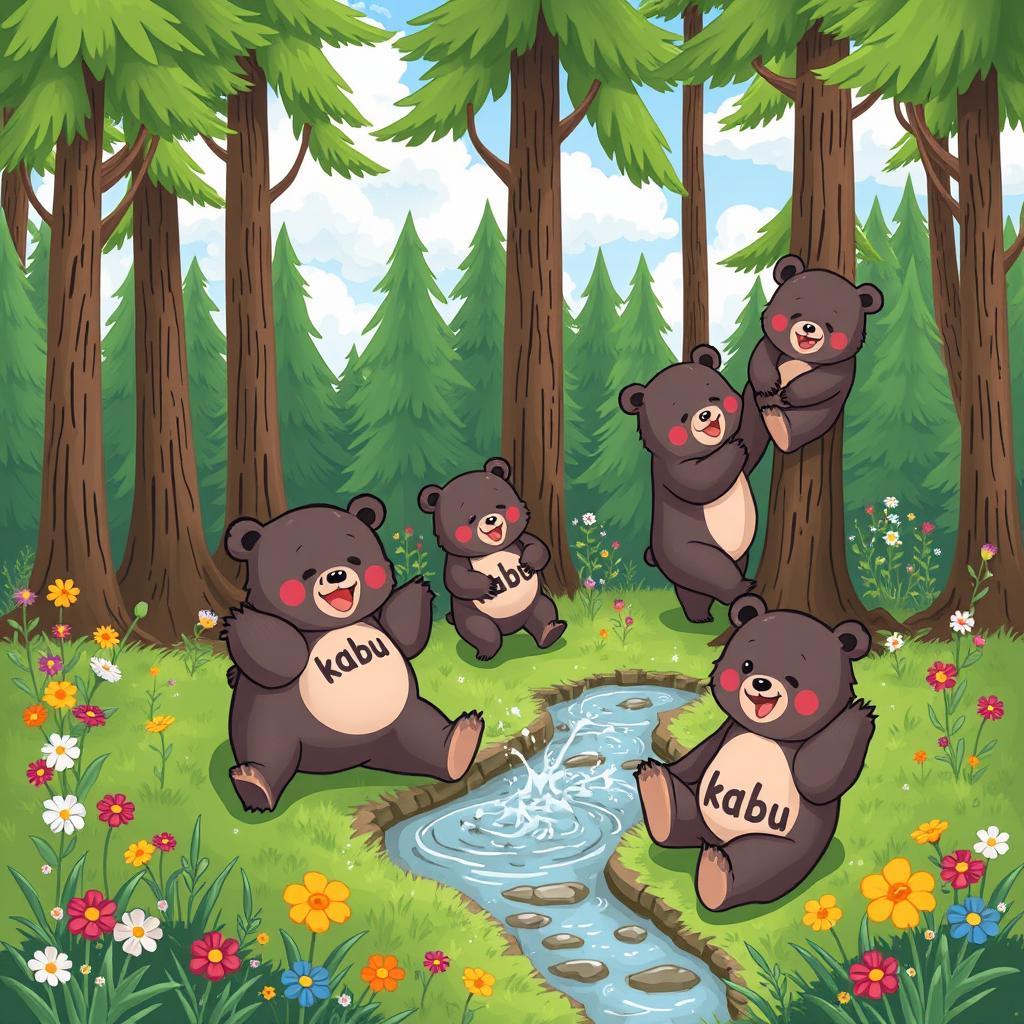 A whimsical scene depicting playful bears frolicking in a lush, green forest, surrounded by tall trees and colorful wildflowers