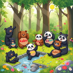 A whimsical and charming scene depicting a group of playful bears frolicking in a lush green forest