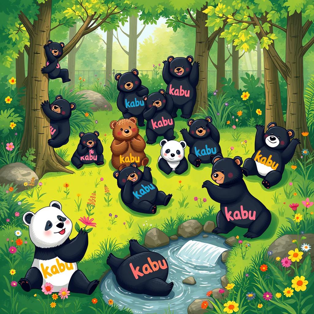 A whimsical and charming scene depicting a group of playful bears frolicking in a lush green forest