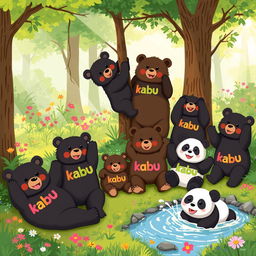 A whimsical and charming scene depicting a group of playful bears frolicking in a lush green forest
