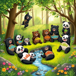 A whimsical and charming scene depicting a group of playful bears frolicking in a lush green forest
