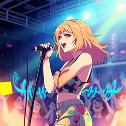 An energetic anime scene featuring a 30-year-old woman with vibrant, shoulder-length hair, passionately singing into a microphone on a brightly lit stage