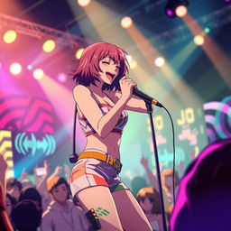 An energetic anime scene featuring a 30-year-old woman with vibrant, shoulder-length hair, passionately singing into a microphone on a brightly lit stage