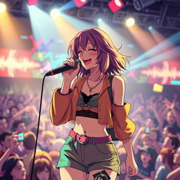 An energetic anime scene featuring a 30-year-old woman with vibrant, shoulder-length hair, passionately singing into a microphone on a brightly lit stage