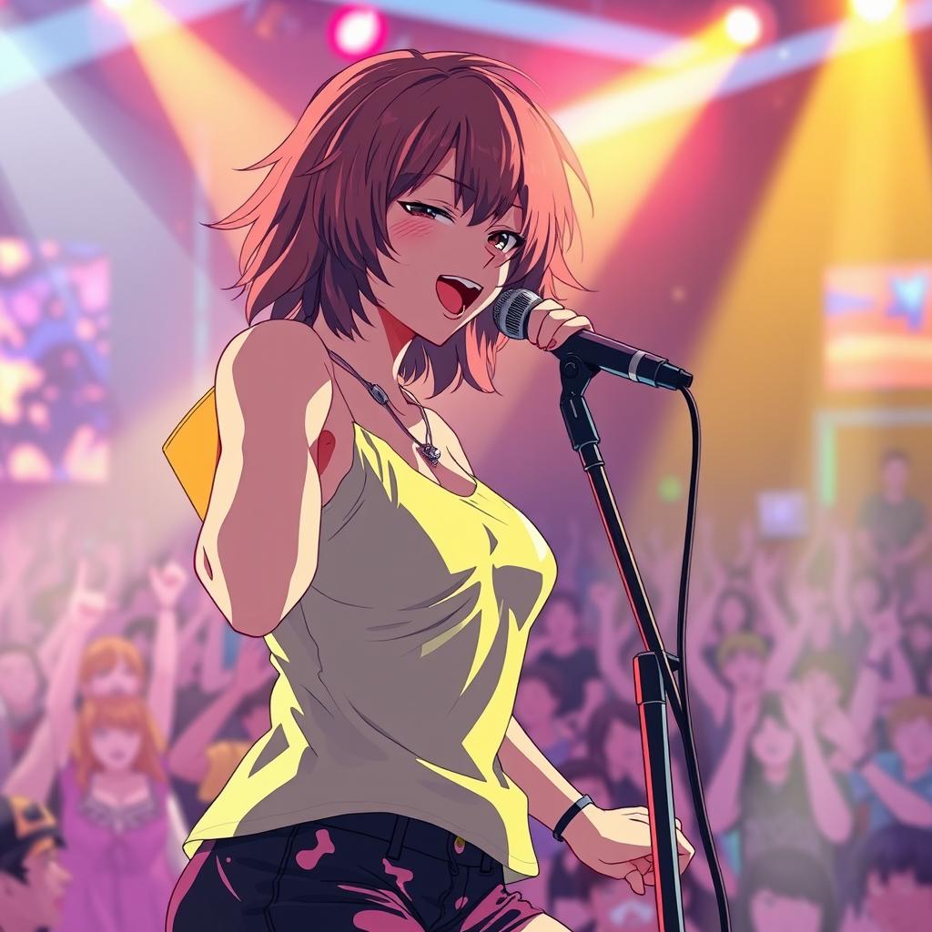 An energetic anime scene featuring a 30-year-old woman with vibrant, shoulder-length hair, passionately singing into a microphone on a brightly lit stage