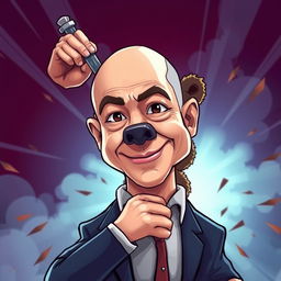 A cartoon-style illustration of Jeff Bezos, depicted with exaggerated features, dramatically stabbing a bear in the head with a confident expression