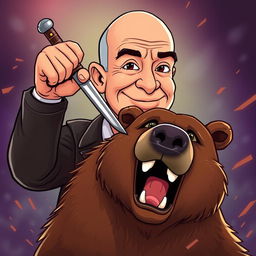 A cartoon-style illustration of Jeff Bezos, depicted with exaggerated features, dramatically stabbing a bear in the head with a confident expression