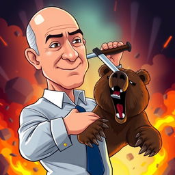 A cartoon-style illustration of Jeff Bezos, depicted with exaggerated features, dramatically stabbing a bear in the head with a confident expression