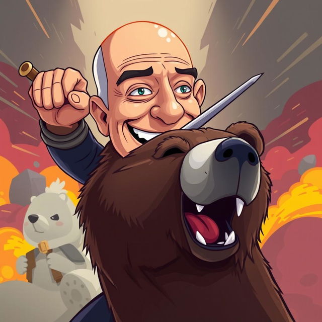 A cartoon-style illustration of Jeff Bezos, depicted with exaggerated features, dramatically stabbing a bear in the head with a confident expression