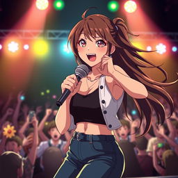 An energetic anime scene featuring a dynamic 30-year-old woman with expressive eyes and long flowing hair, capturing the intense moment as she sings on stage