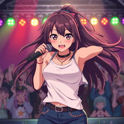 An energetic anime scene featuring a dynamic 30-year-old woman with expressive eyes and long flowing hair, capturing the intense moment as she sings on stage
