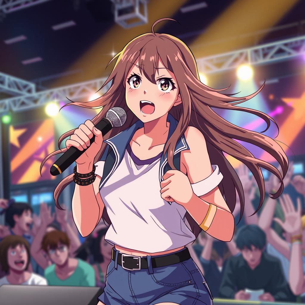 An energetic anime scene featuring a dynamic 30-year-old woman with expressive eyes and long flowing hair, capturing the intense moment as she sings on stage
