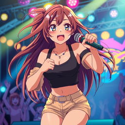 An energetic anime scene featuring a dynamic 30-year-old woman with expressive eyes and long flowing hair, capturing the intense moment as she sings on stage
