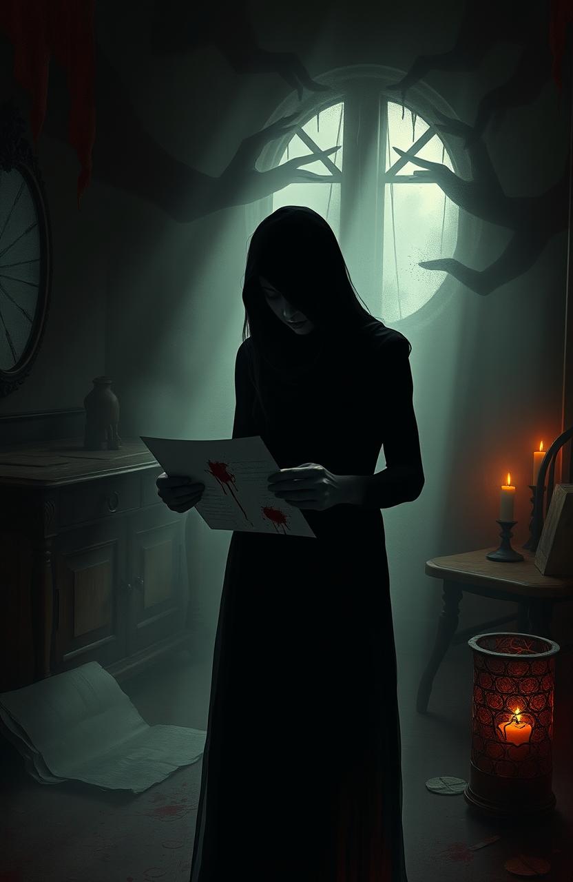 An eerie and unsettling scene depicting a shadowy figure in a dimly lit room, surrounded by ominous, distorted shadows that evoke a sense of schizophrenia