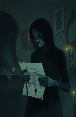 An eerie and unsettling scene depicting a shadowy figure in a dimly lit room, surrounded by ominous, distorted shadows that evoke a sense of schizophrenia