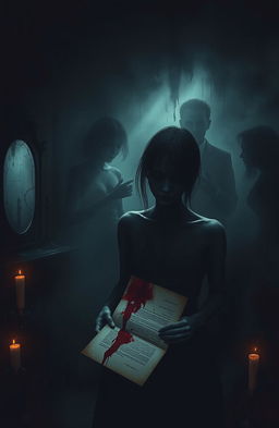 An eerie and unsettling scene depicting a shadowy figure in a dimly lit room, surrounded by ominous, distorted shadows that evoke a sense of schizophrenia