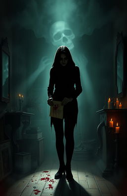 An eerie and unsettling scene depicting a shadowy figure in a dimly lit room, surrounded by ominous, distorted shadows that evoke a sense of schizophrenia