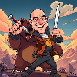 A cartoon illustration of a fictional character resembling Jeff Bezos in a heroic pose, confidently stabbing a bear in the head